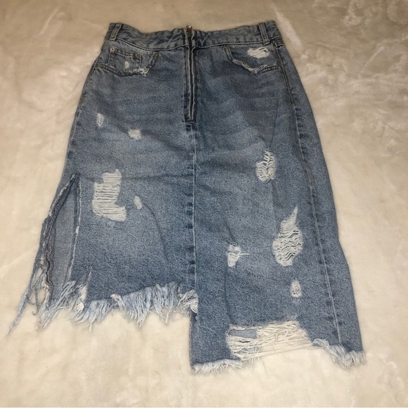Zara Distressed Front Zip Midi Aysemetrical Denim Jean Skirt Size Small - Picture 5 of 16